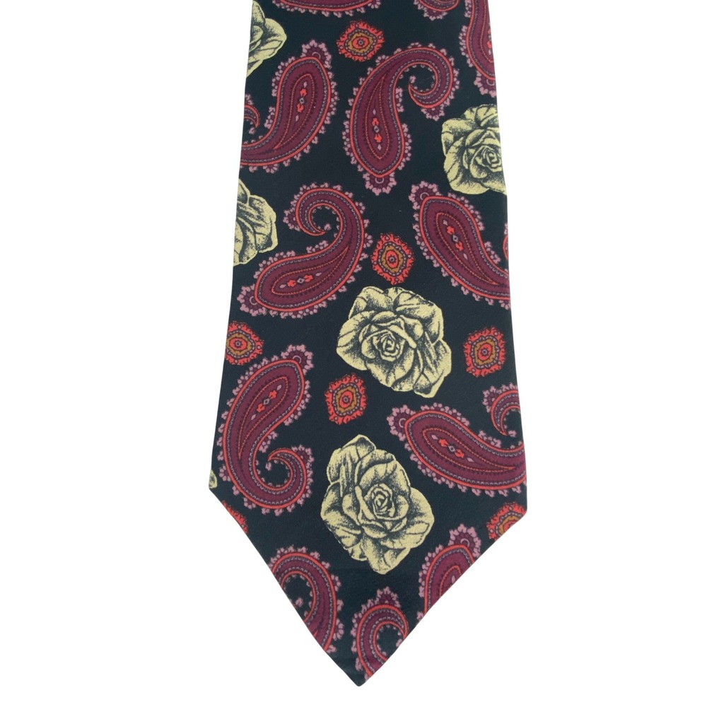 VTG Claiborne Silk Tie Mens Black Rose Floral Burgundy Paisley 90s Wide 57x4